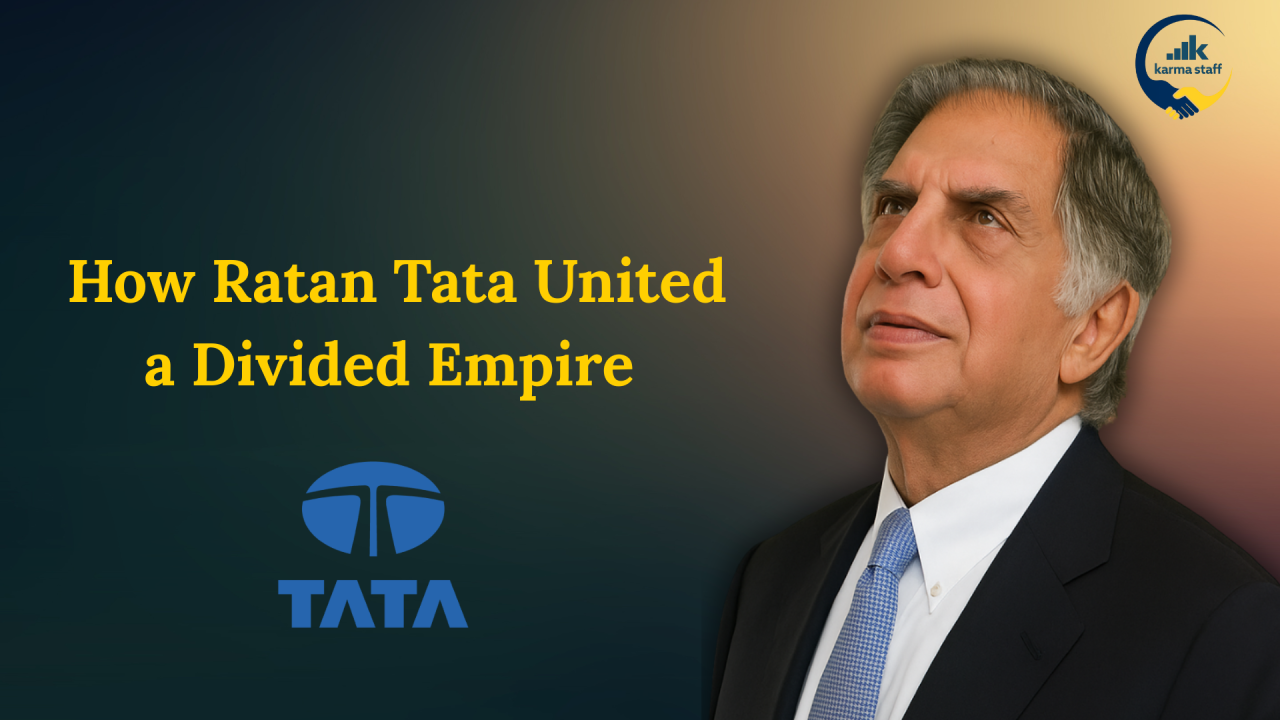 Portrait beside the headline “How Ratan Tata United a Divided Empire” and Tata logo