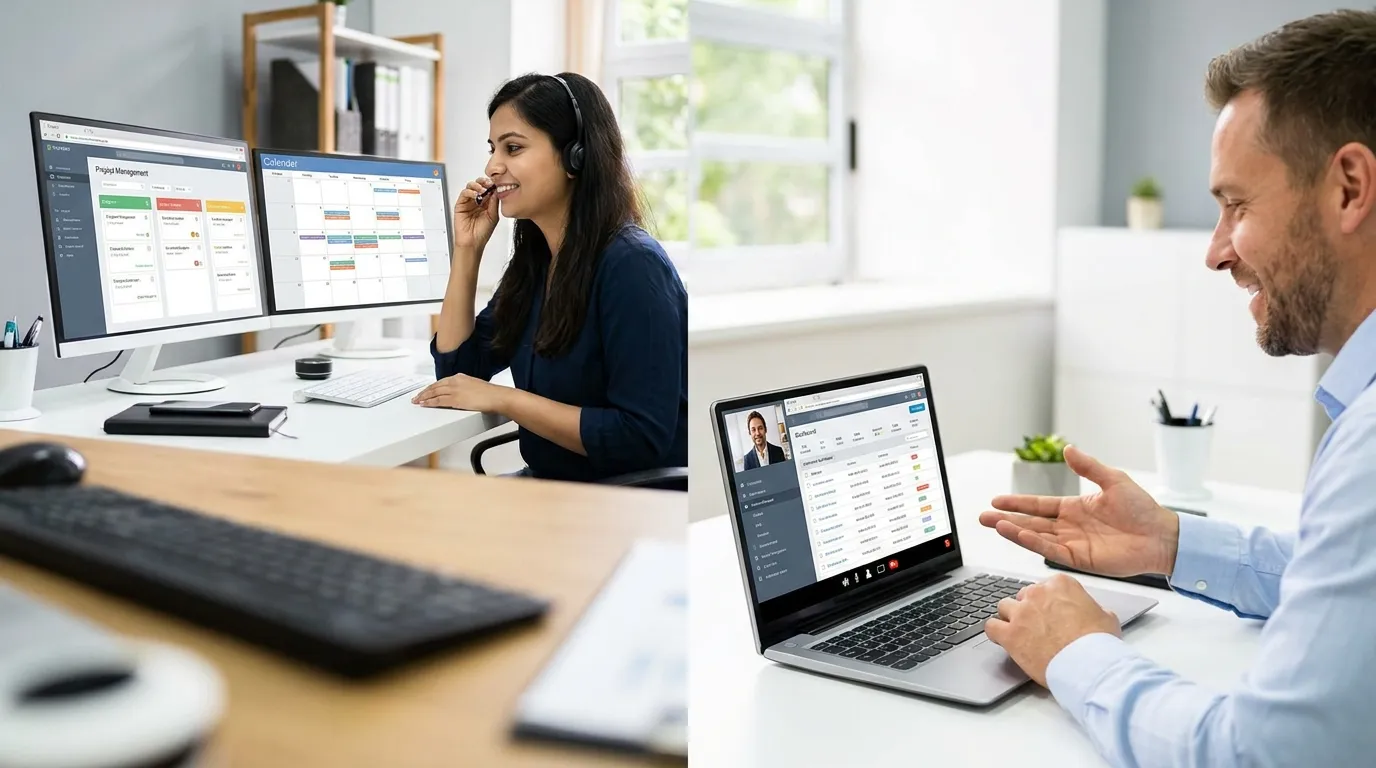 Remote office administrator coordinating tasks and meetings with a virtual team