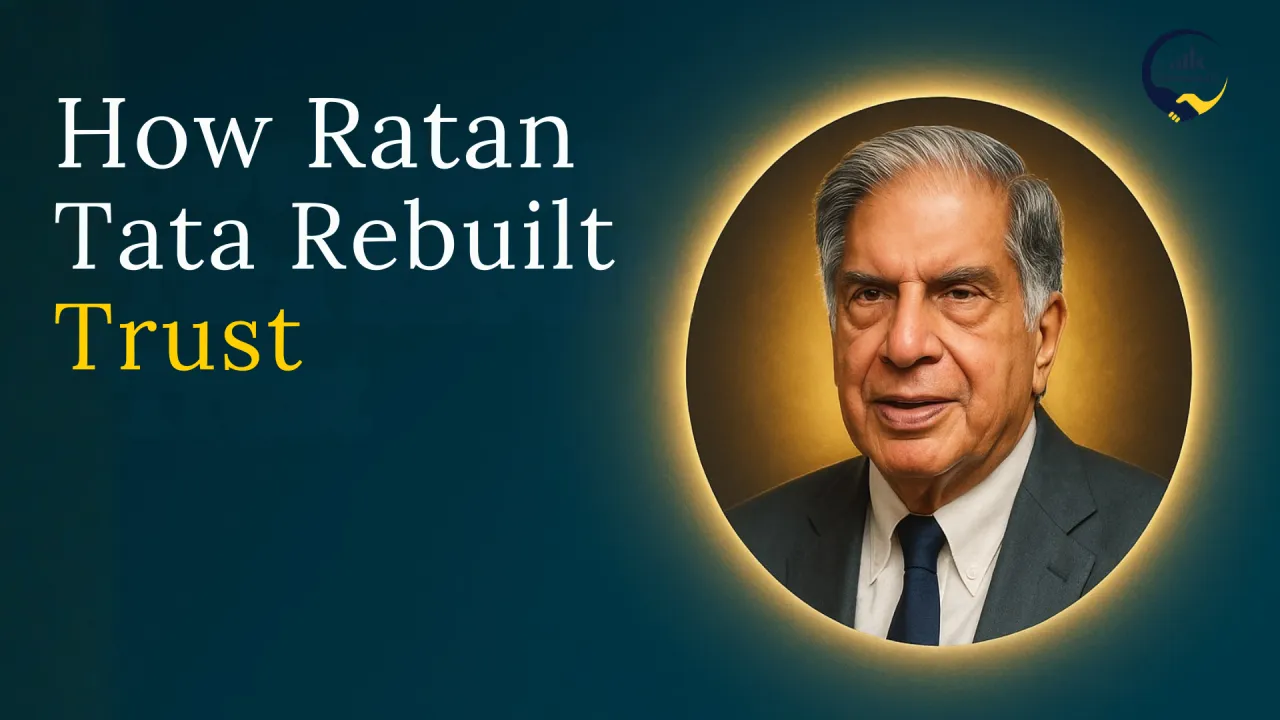 Portrait beside the text “How Ratan Tata Rebuilt Trust