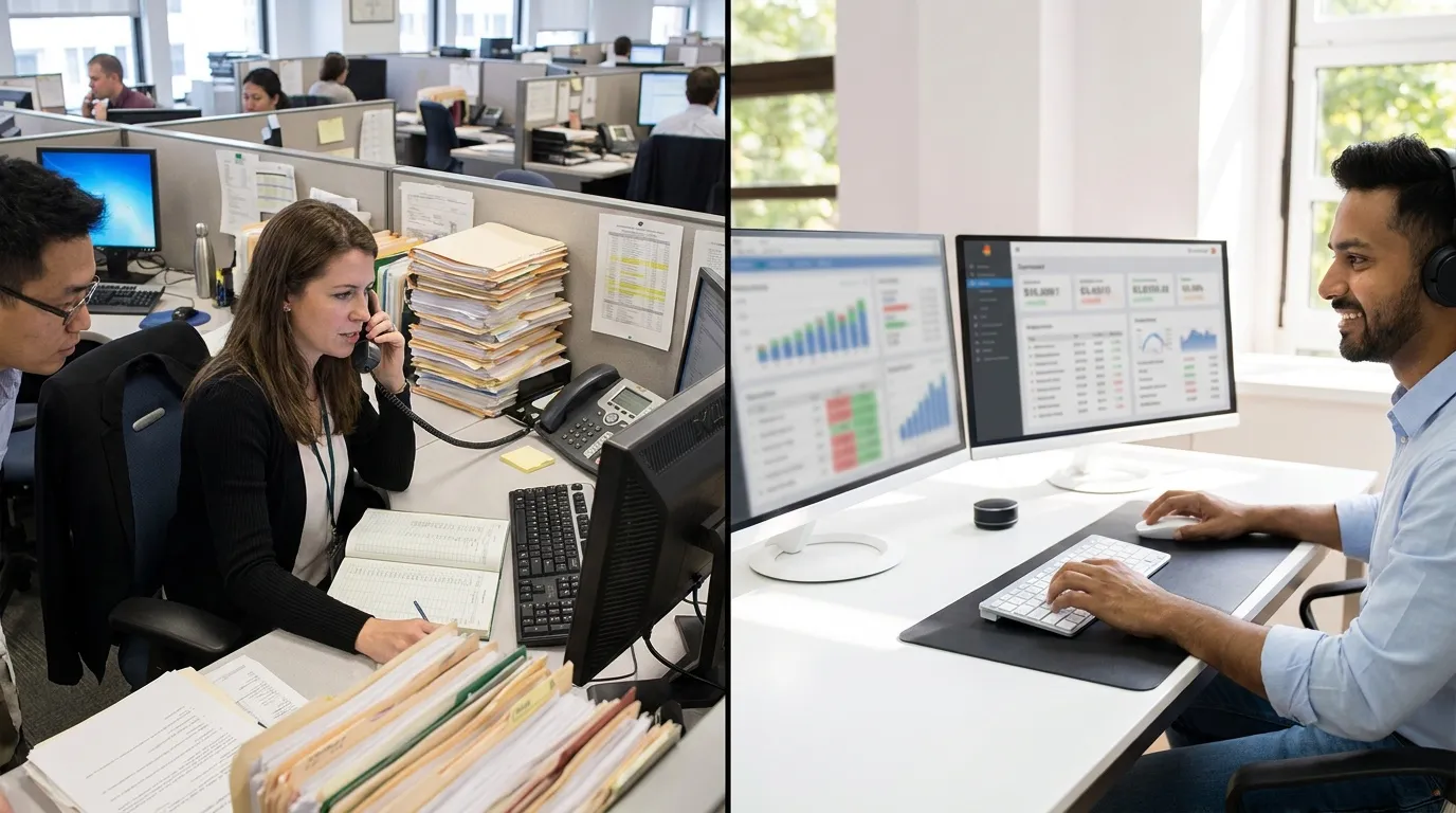Split image comparing an in-house bookkeeping team in a busy office with a remote bookkeeper using cloud-based financial dashboard