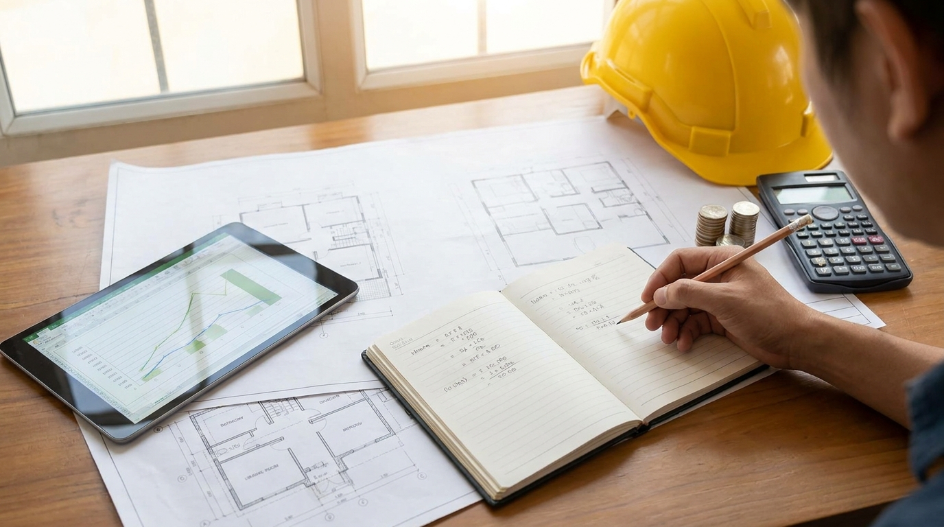 estimator reviewing blueprints, costs, and project calculations.