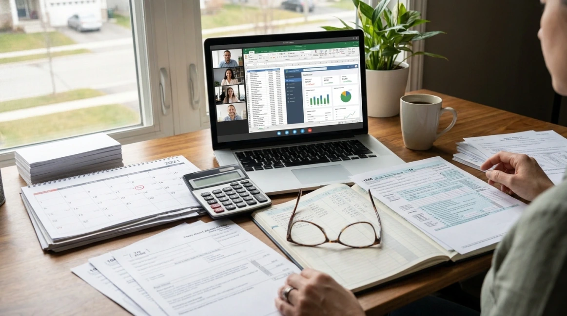 Remote bookkeeper reviewing payroll records, tax forms, financial reports, and spreadsheets during a virtual bookkeeping meeting