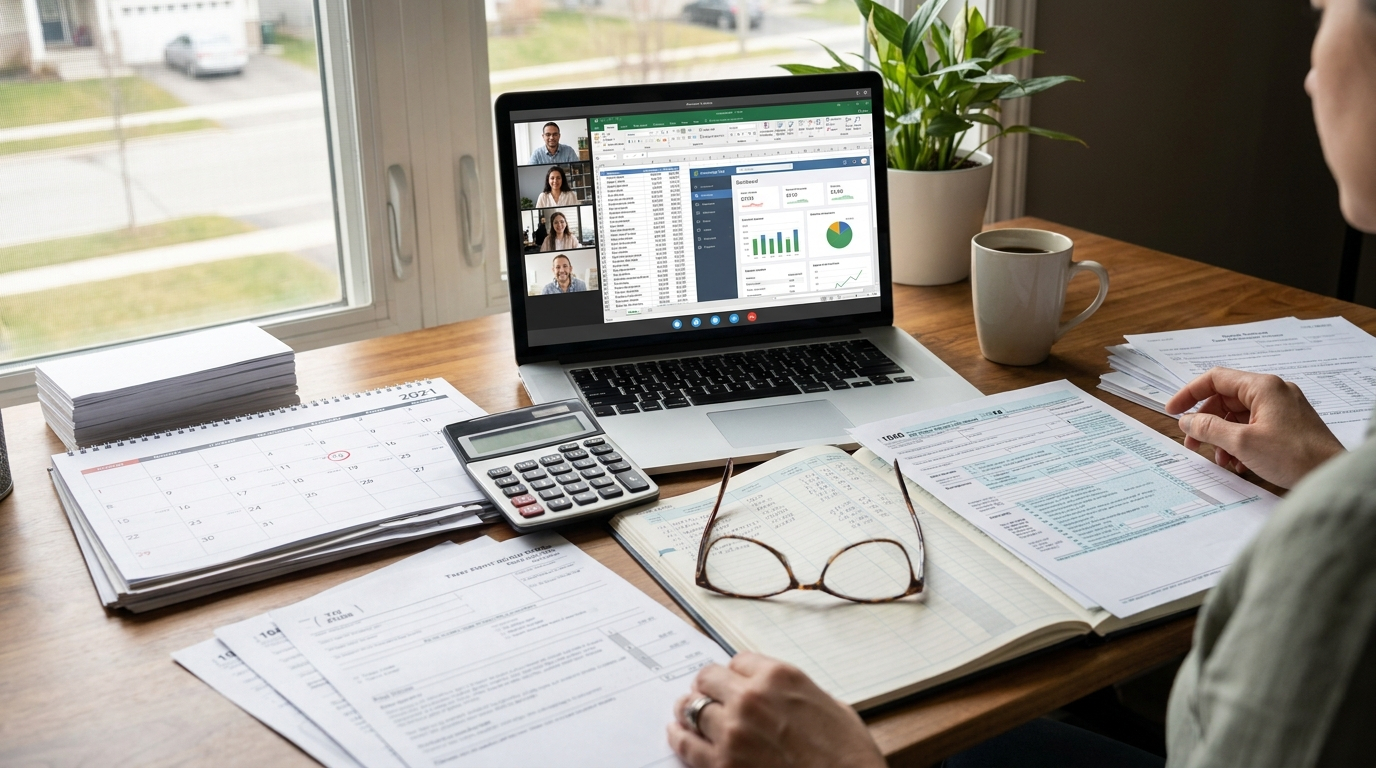 Remote bookkeeper reviewing payroll records, tax forms, financial reports, and spreadsheets during a virtual bookkeeping meeting.
