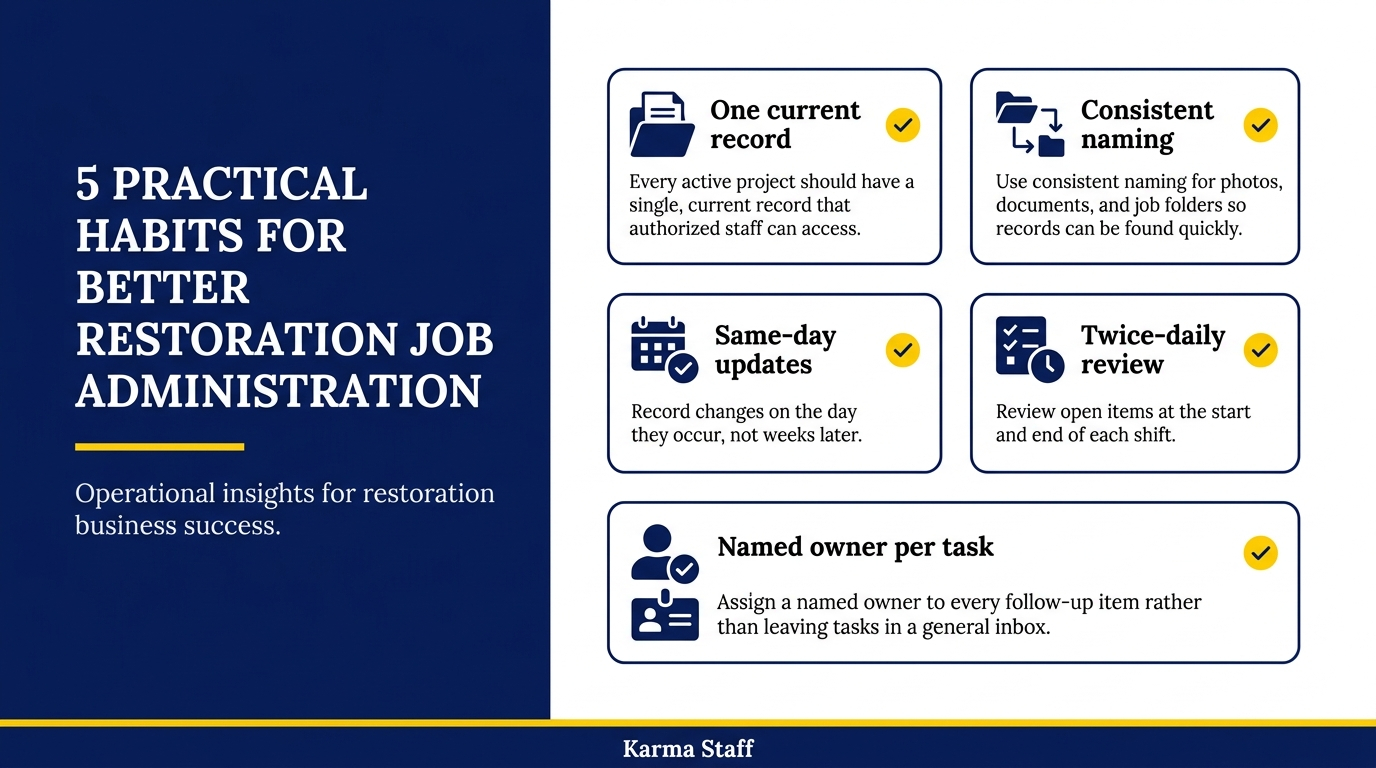 Infographic listing 5 practical habits for better restoration job administration: one current record, consistent naming, same-day updates, twice-daily review, and named owner per task.