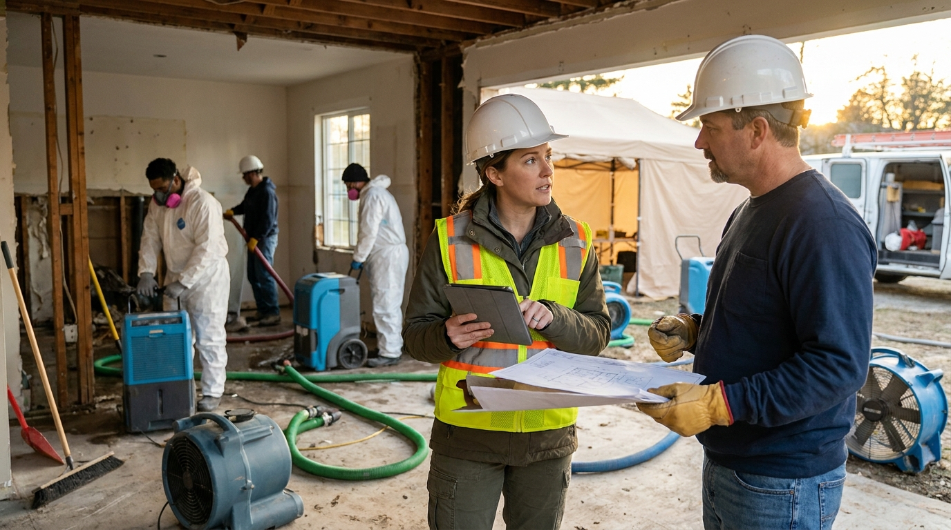 A property restoration office admin using a tablet to coordinate with a contractor on-site while technicians work in the background.