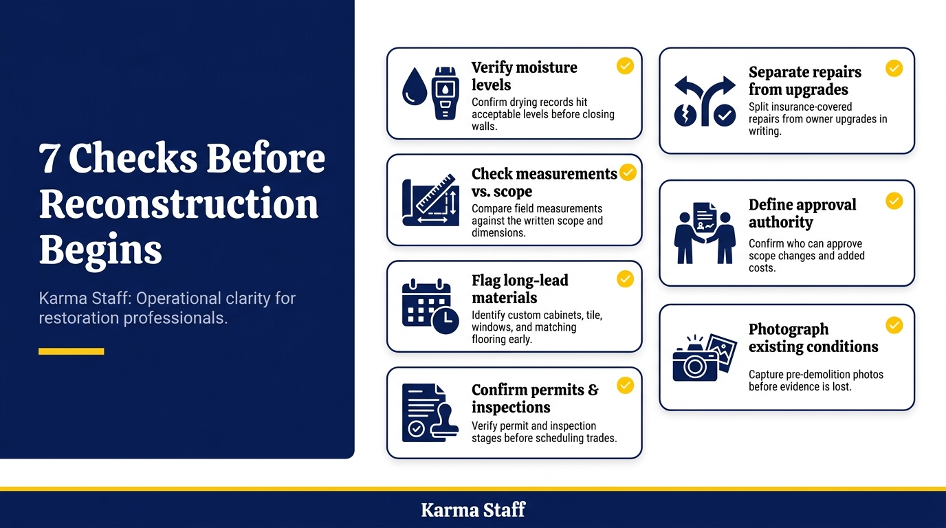 Infographic listing 7 restoration project planning checks before reconstruction begins: verify moisture, check measurements, flag long-lead materials, confirm permits, separate repairs from upgrades, define approval authority, and photograph existing conditions