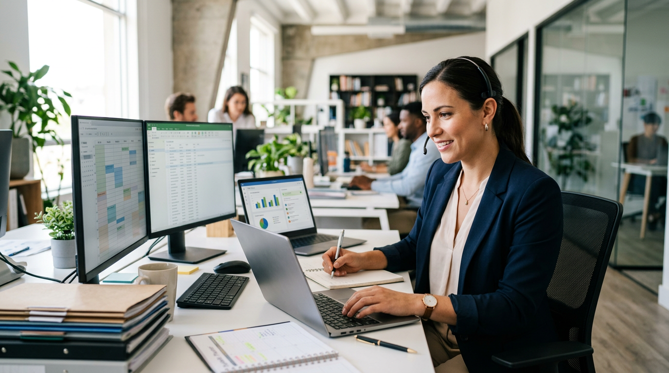 Office administrator wearing a headset and managing tasks across multiple computer screens in a modern workplace.