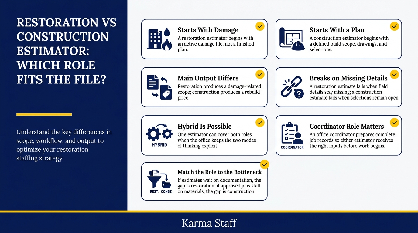 Infographic comparing restoration estimators and construction estimators on workflow, outputs, and staffing roles by Karma Staff.